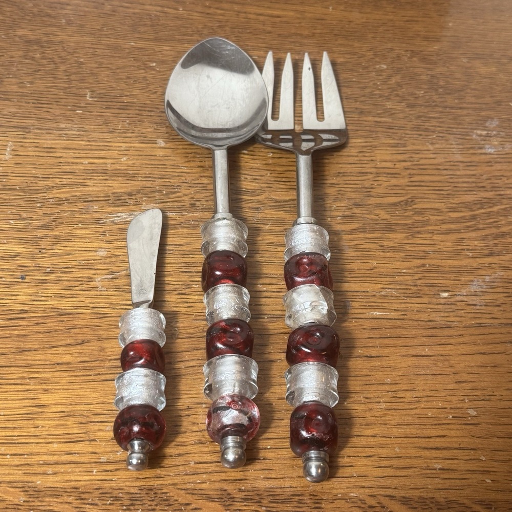 PAMPERED CHEF Red & Silver Beaded Serving Spoon & Fork & Spreader Set Retired
